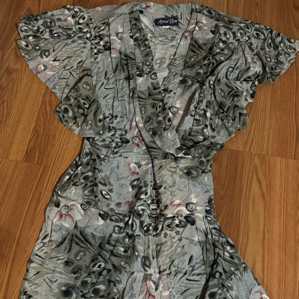 Vintage April Rain Animal‎ Floral Print Wrap Midi Short Sleeve Dress Boho Retro
